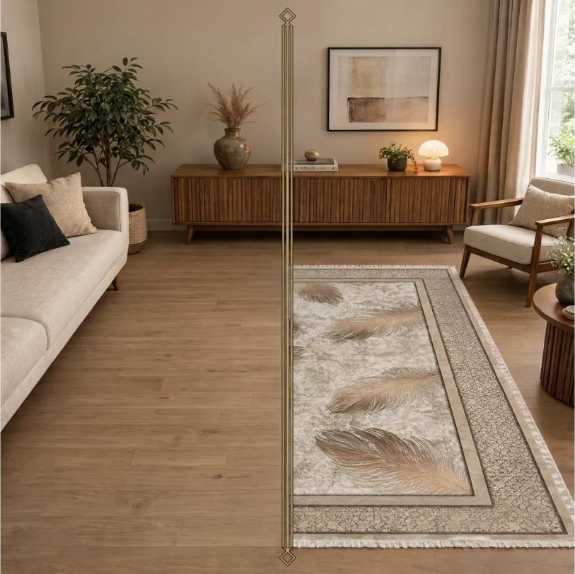 Tapis plumes dorées dans un salon